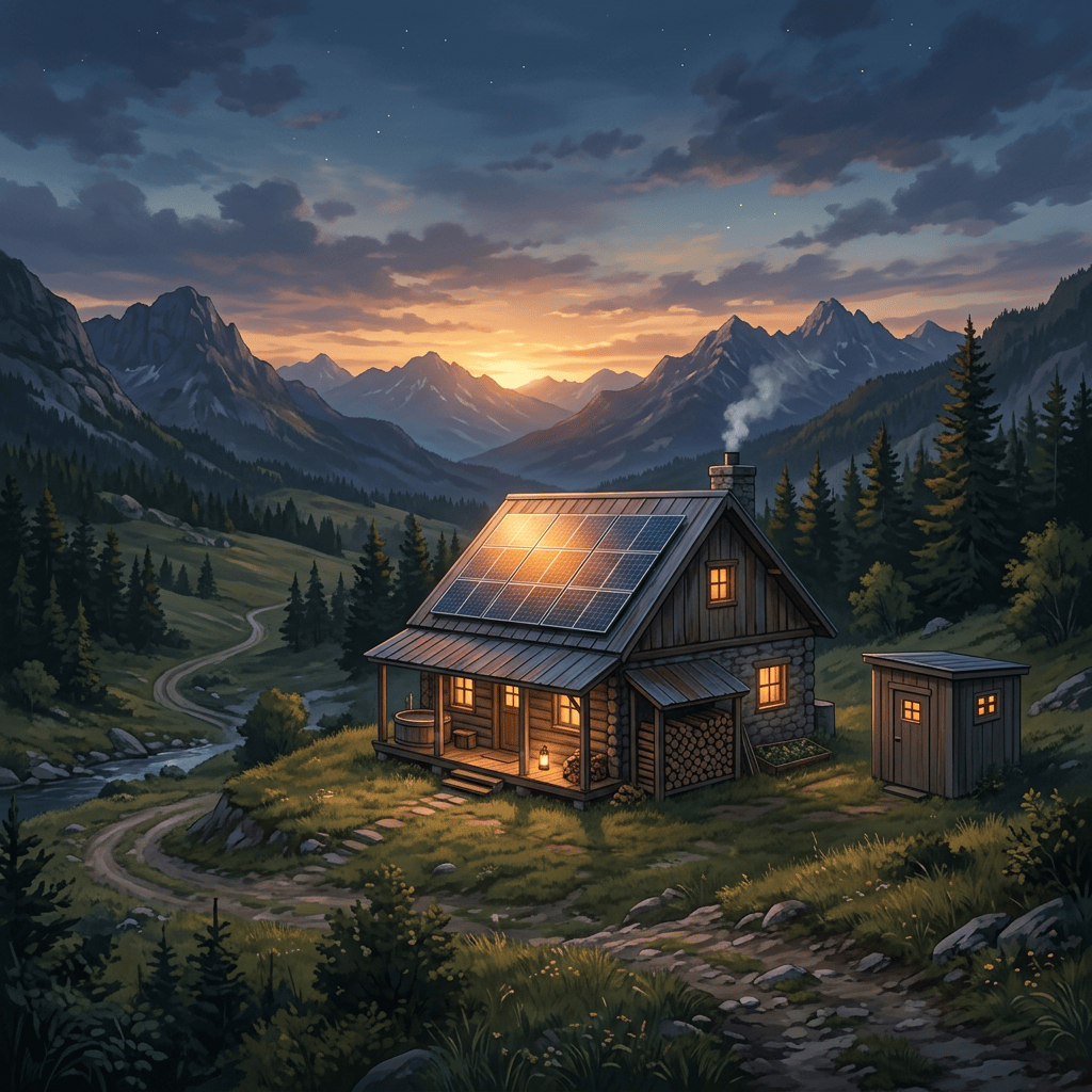 Aktualny obrazek: Solar-powered cabin glowing at sunset in a forested mountain valley