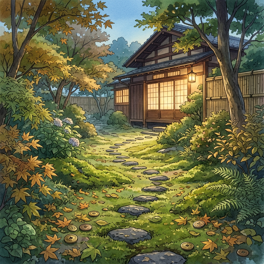 Aktualny obrazek: Lantern-lit Japanese house beside a stone path in an autumn garden