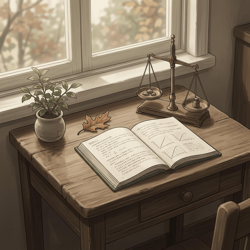 Aktualny obrazek: Open book beside a balance scale, potted plant, and autumn leaf