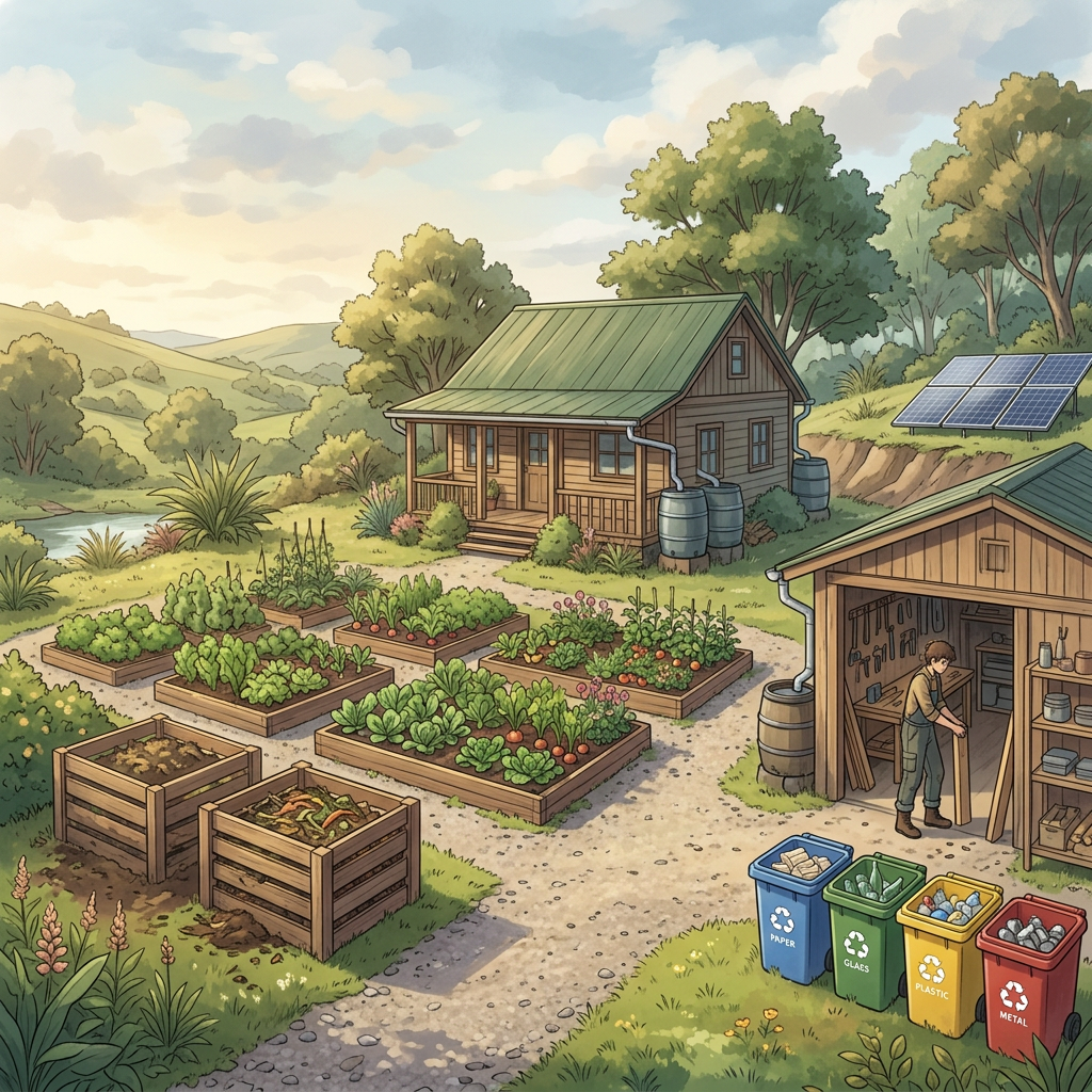 Aktualny obrazek: Sustainable homestead with gardens, solar panels, rain barrels, workshop, and recycling bins