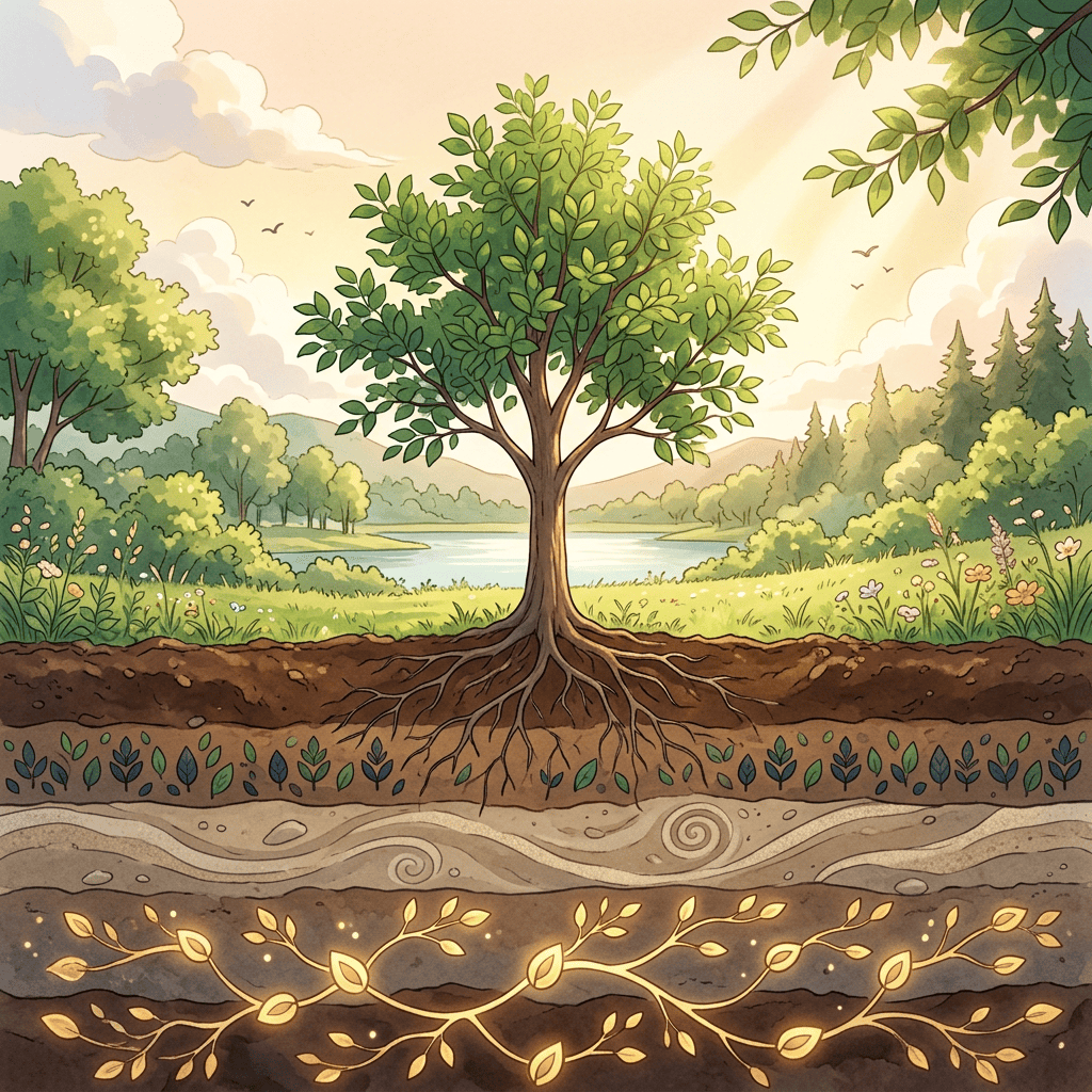 Illustrated tree with exposed roots and glowing underground branches beside a lake