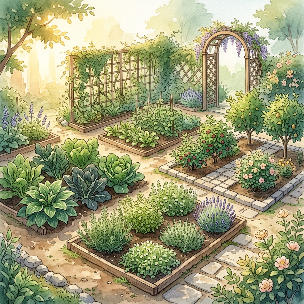Aktualny obrazek: Illustrated garden with raised beds, vegetables, herbs, flowers, trellises, and an archway