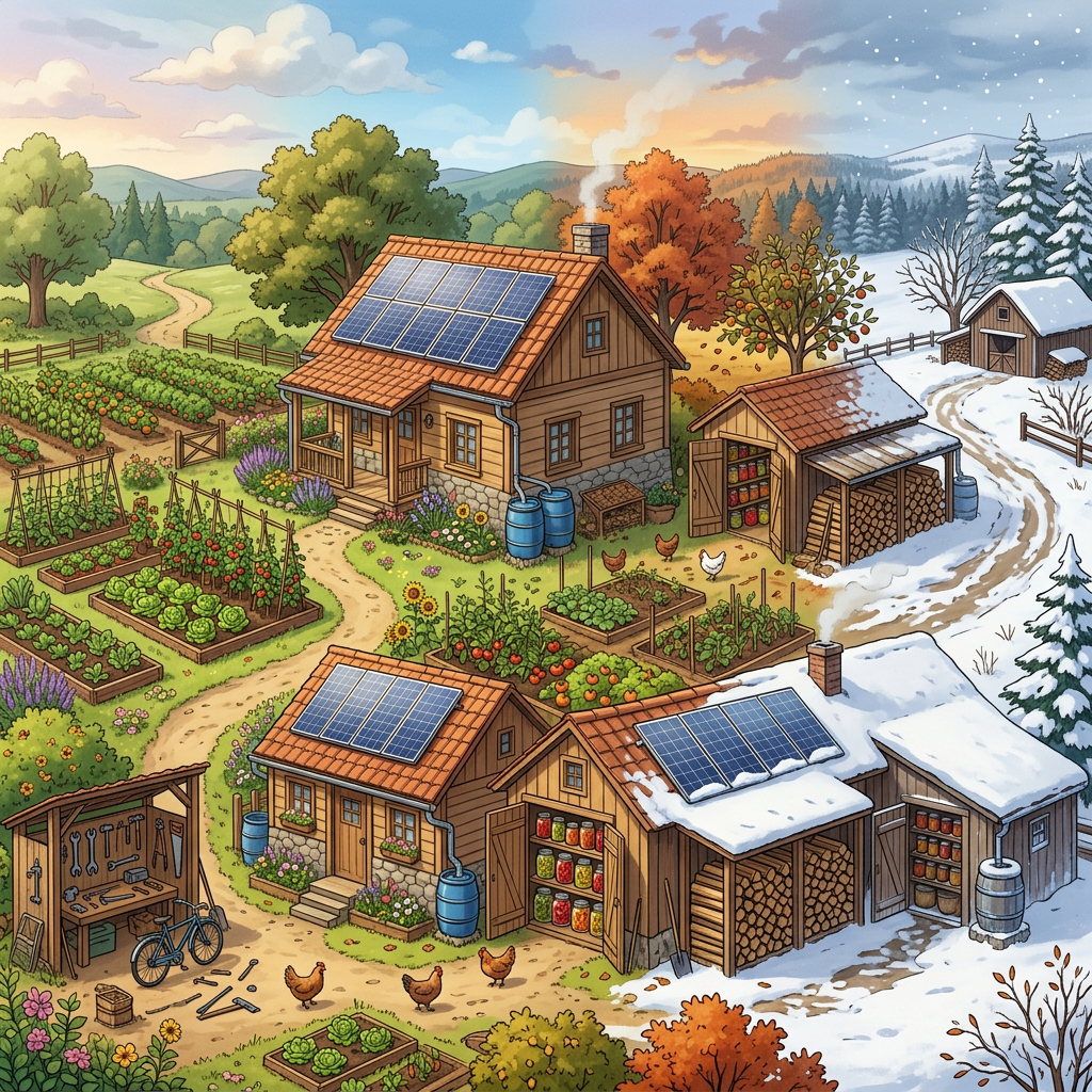 Illustrated homestead with solar-paneled cabins, gardens, chickens, and snowy seasonal landscape