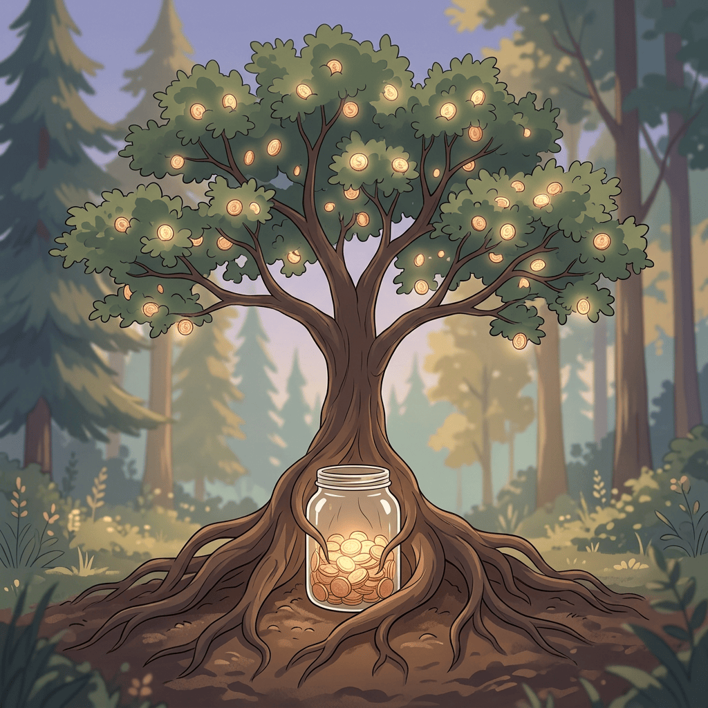 Aktualny obrazek: Glowing jar of coins beneath a magical tree in a forest