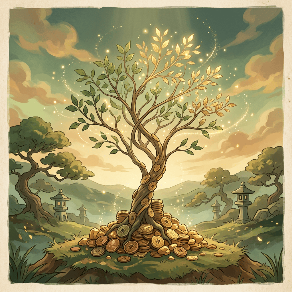Twisted tree with golden leaves growing from a pile of coins
