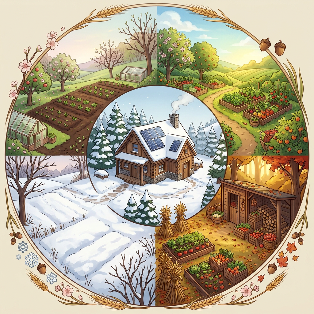Aktualny obrazek: Circular four-season homestead with gardens, greenhouse, cabin, and surrounding farmland