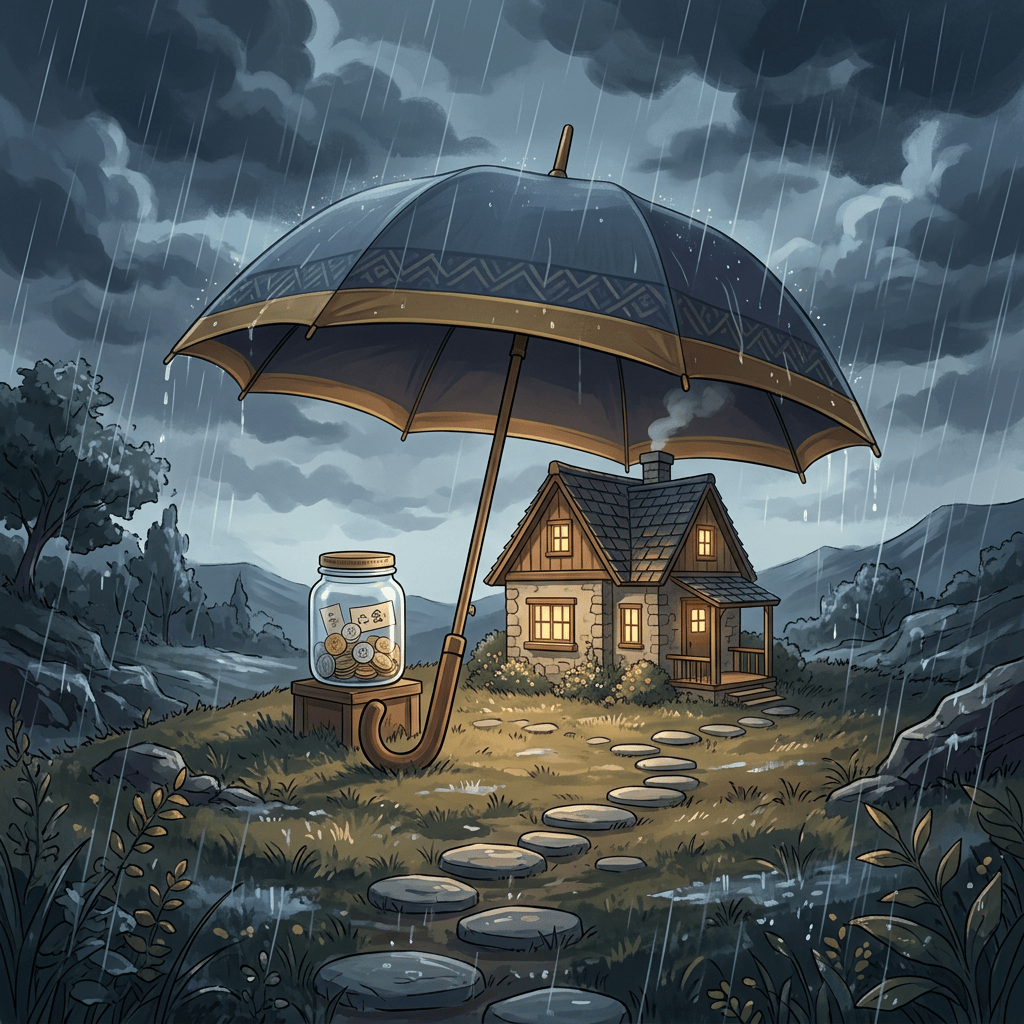 Giant umbrella shelters a cottage and coin jar in heavy rain