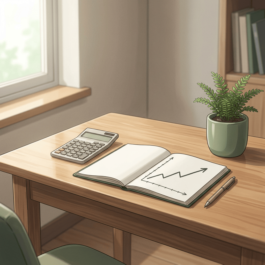 Aktualny obrazek: Desk with calculator, open graph notebook, pen, and potted fern