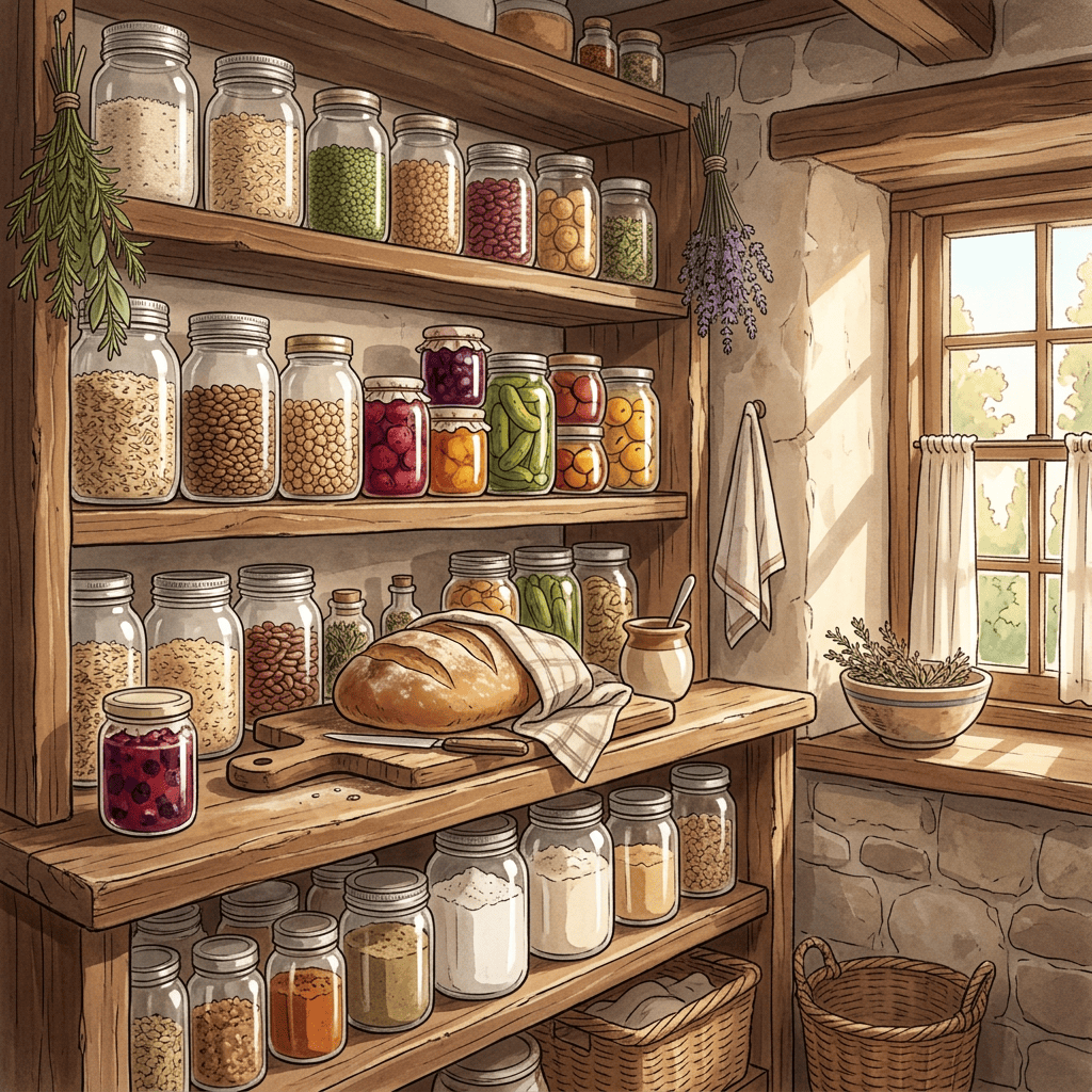 Rustic pantry with labeled jars, hanging herbs, preserves, and fresh bread