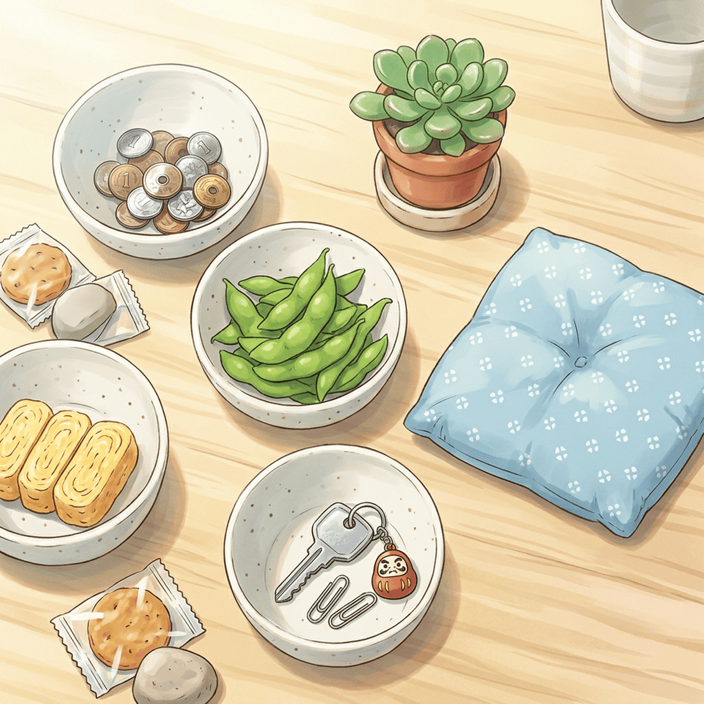 Aktualny obrazek: Desktop with succulent, snacks, coins, keys, and blue cushion