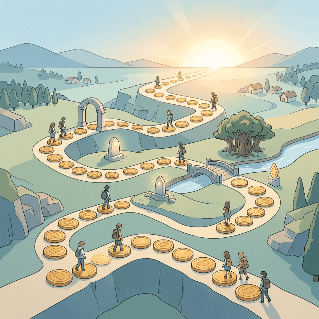 Travelers following golden stepping stones through a sunlit landscape