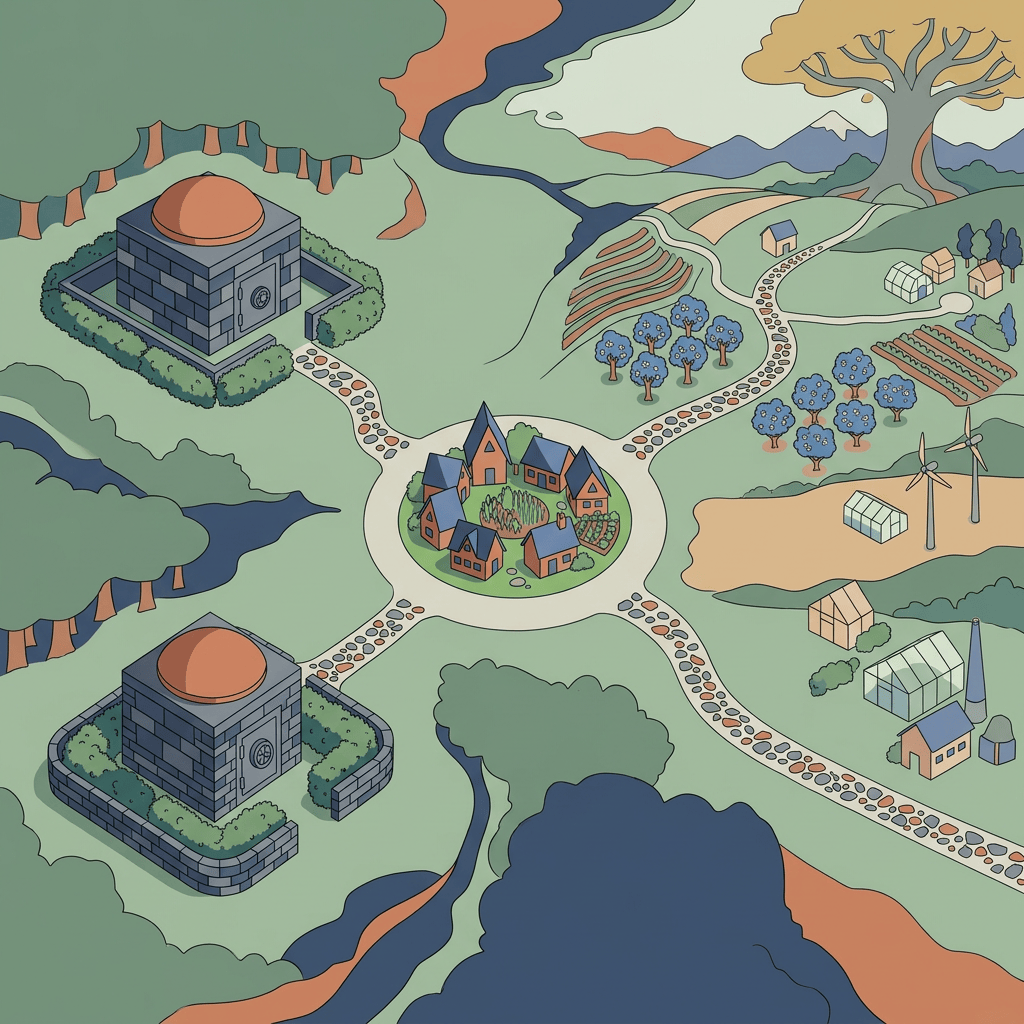 Aktualny obrazek: Illustrated sustainable community map with homes, gardens, wind turbines, and waterways